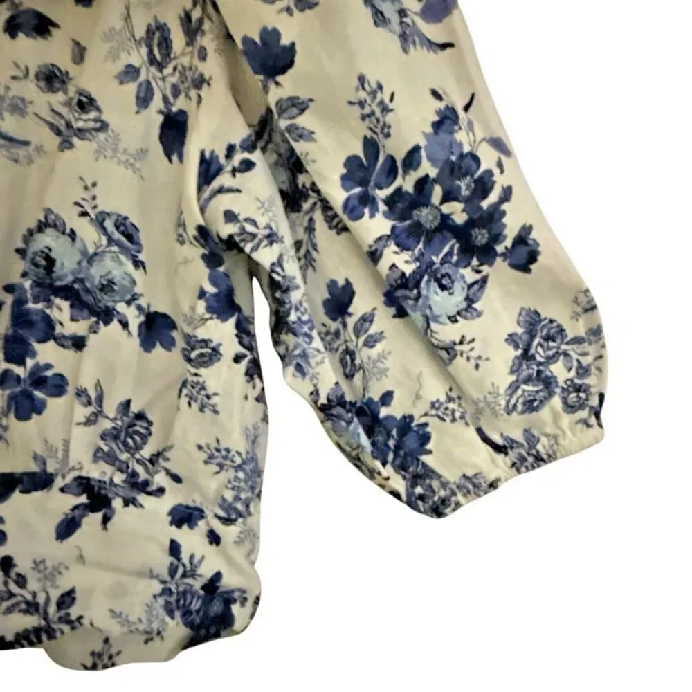 Cupcakes & Cashmere Jerome Cropped Linen Top Womens Sz S Blue Toile Puff Sleeve